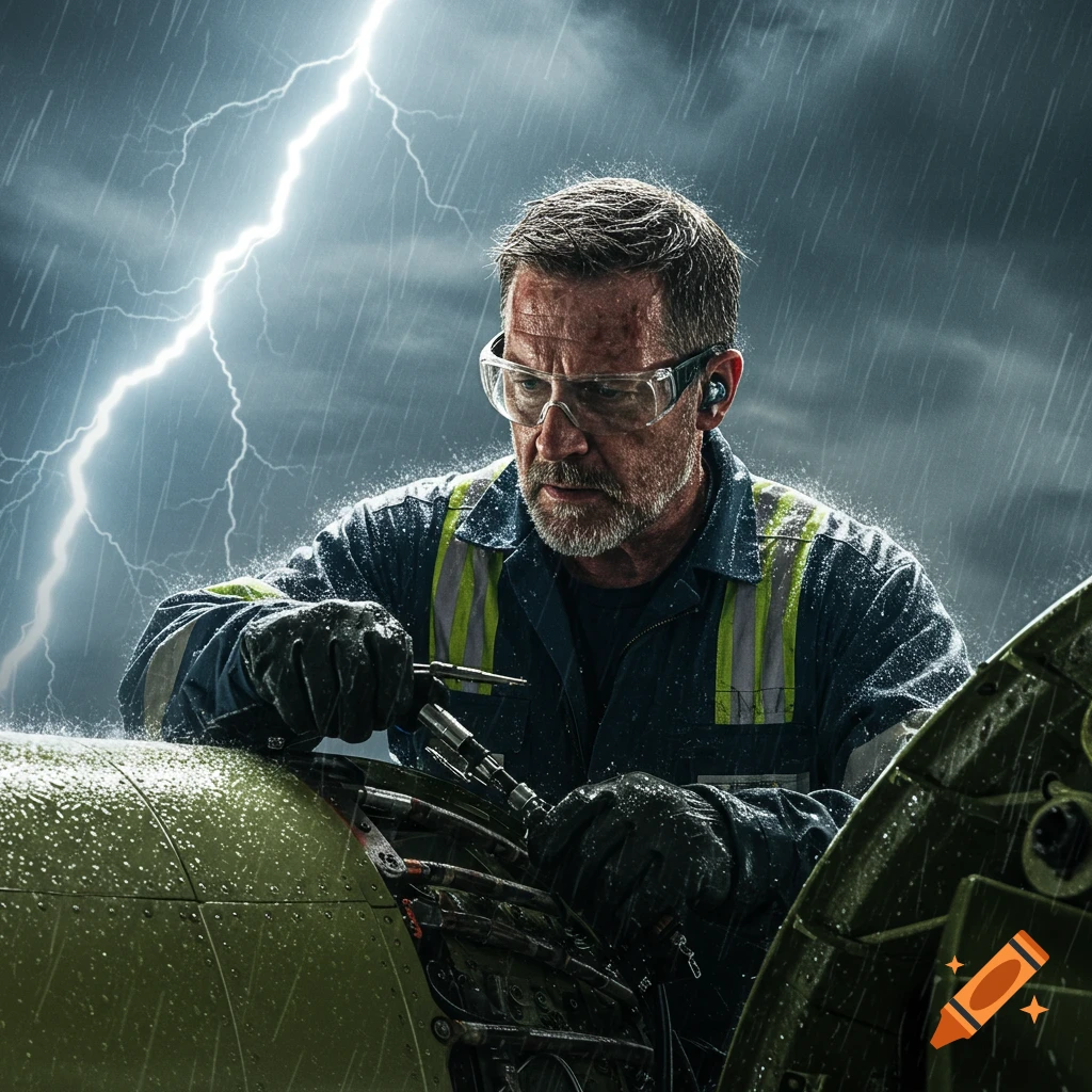 A male aircraft mechanic in a storm works on an airplane engine as lightning flashes in the sky.