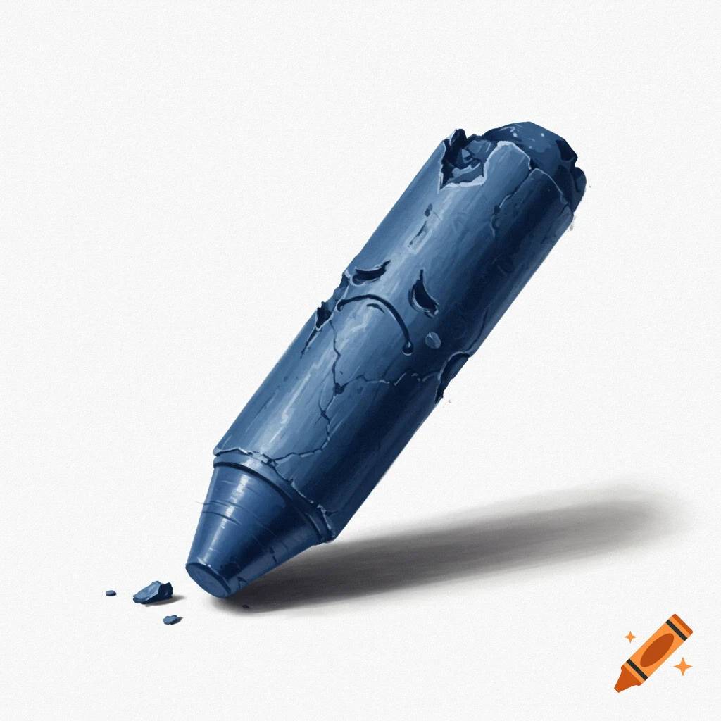 A blue crayon, broken and cracked with a sad face carved into it, stands on a white surface with small pieces scattered at its base.