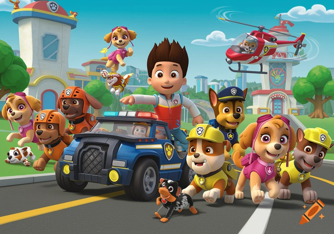 Ryder and several Paw Patrol pups, including Chase, Skye, Rubble, and Zuma, with their vehicles and the lookout tower in the background.