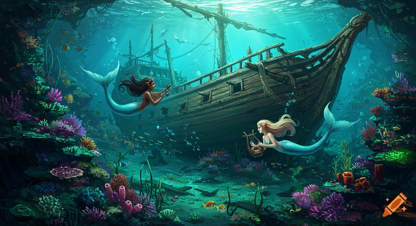 Two mermaids play instruments beside a sunken shipwreck in a vibrant underwater scene with coral and fish.