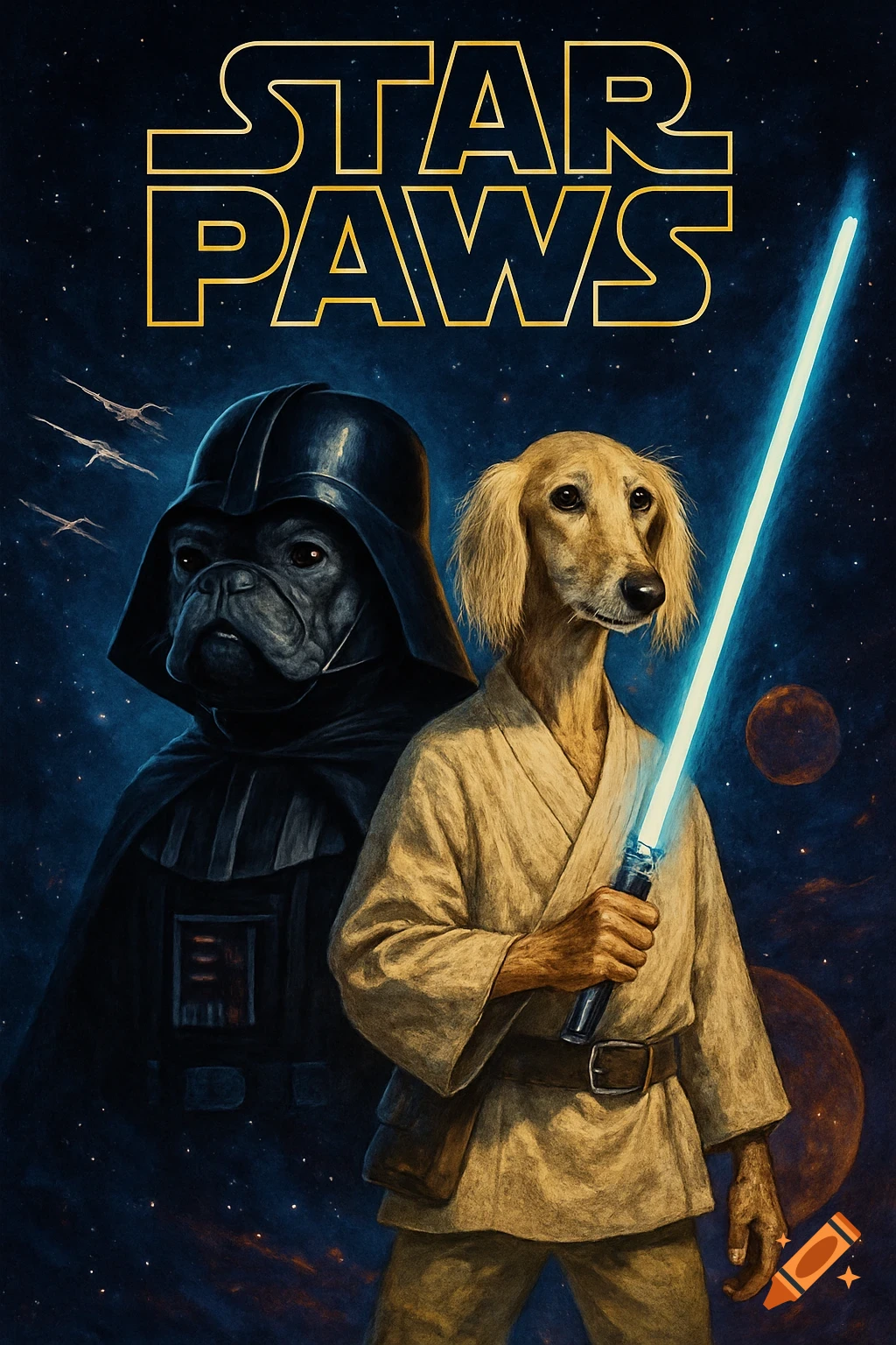 Movie poster for 'Star Paws' featuring a pug as Darth Vader and a Saluki as Luke Skywalker with a lightsaber in space.