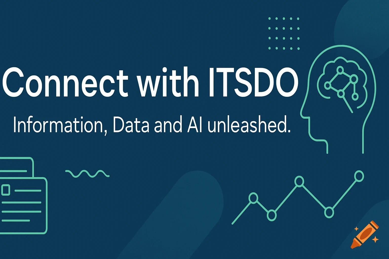 Blue and green banner with "Connect with ITSDO" and "Information, Data and AI unleashed" text, alongside icons for data, documents, and a brain representing AI.