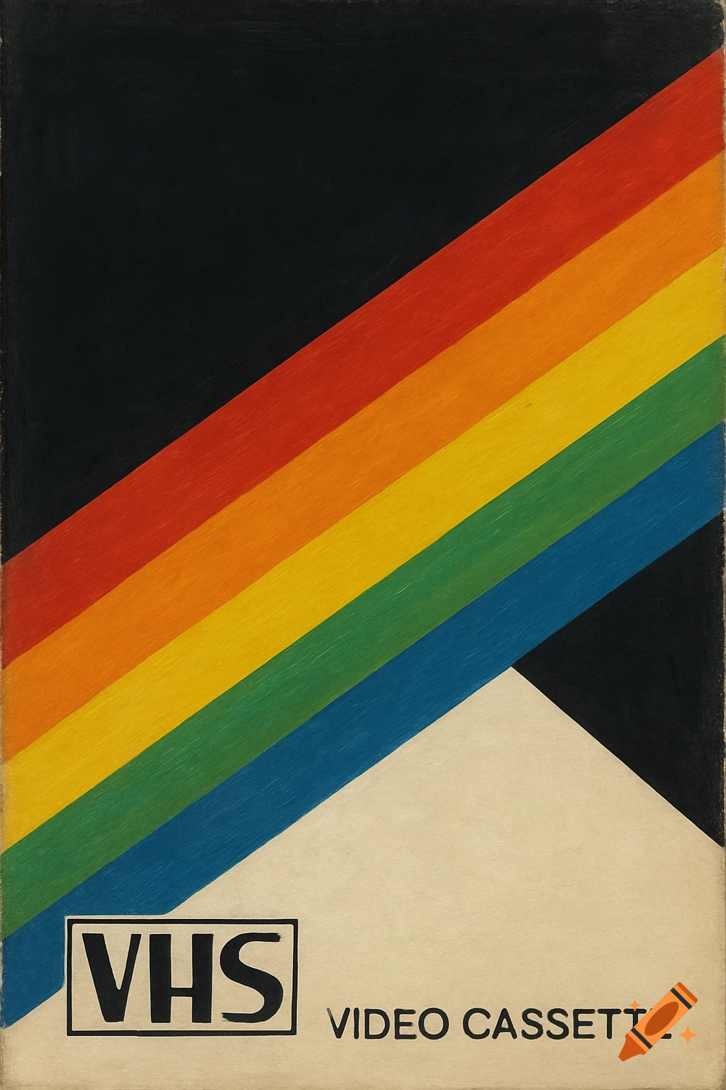 Retro VHS box art with diagonal rainbow stripes on a black and beige background, featuring 'VHS' and 'VIDEO CASSETTE' text.