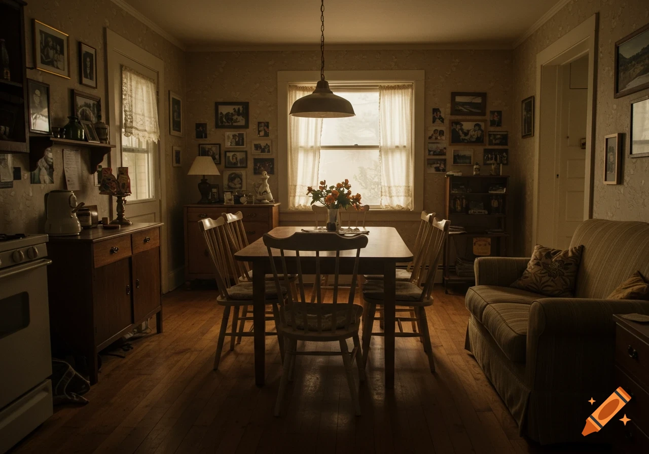 A warm, dimly lit 1990s midwestern home interior with a dining table, chairs, and family photos covering the walls.