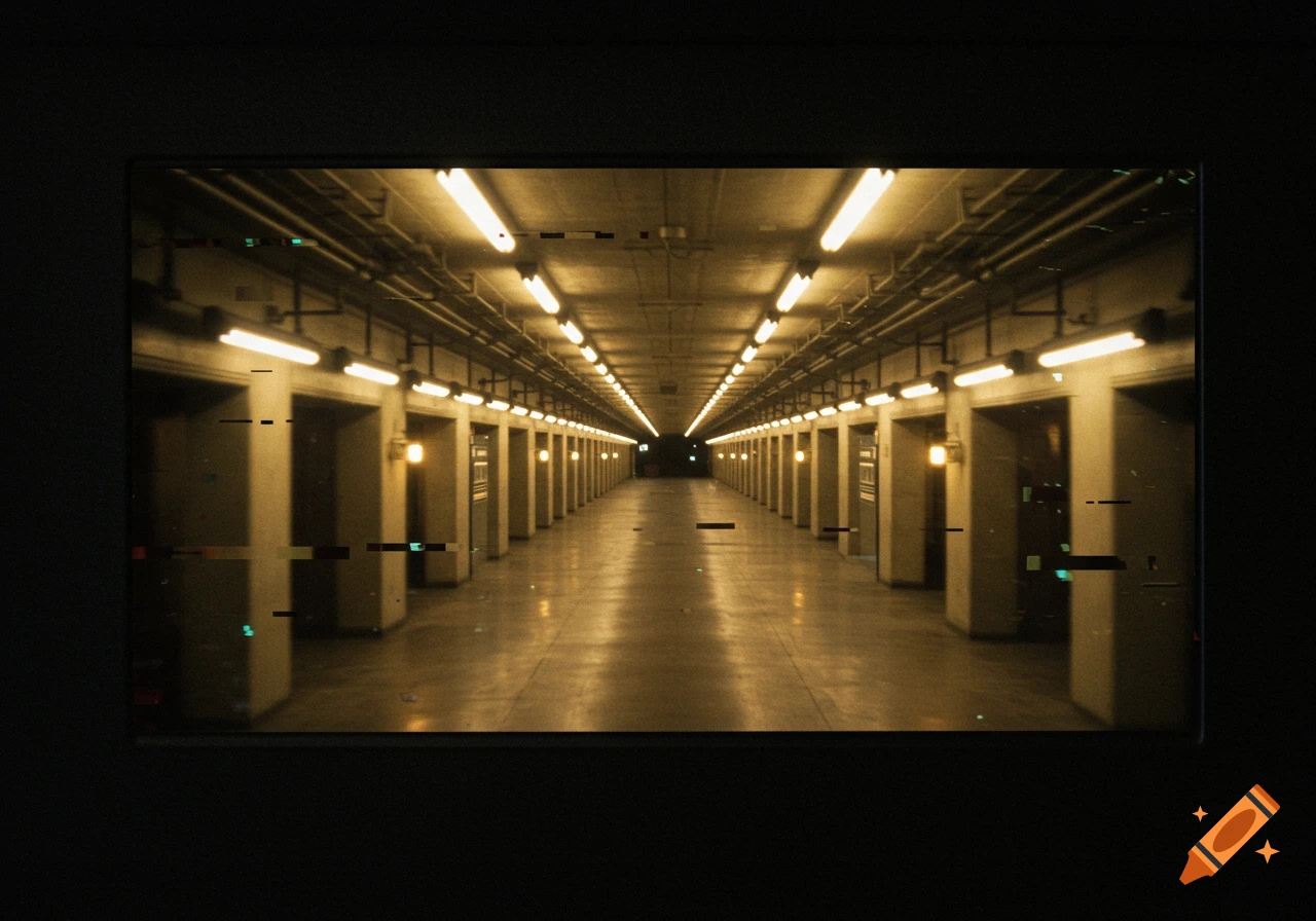 A long, dimly lit hallway with fluorescent lights and doors lining both sides, showing visual distortion artifacts.