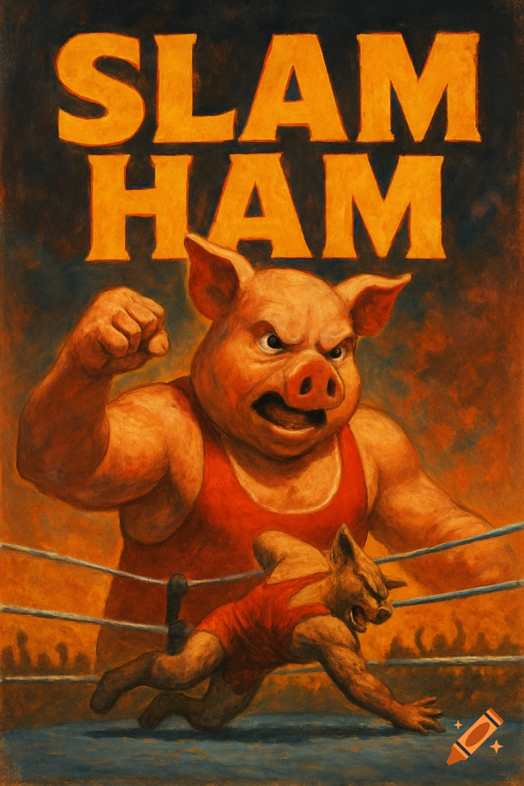 A retro-style movie poster features a large, muscular anthropomorphic pig wrestler raising his fist over a smaller, defeated pig in a wrestling ring, with 'SLAM HAM' in bold letters above.
