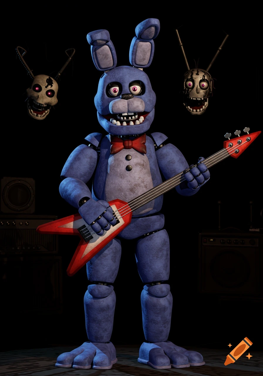 A blue animatronic rabbit, Bonnie, plays a red bass guitar on a dark stage, flanked by two skull-like heads.