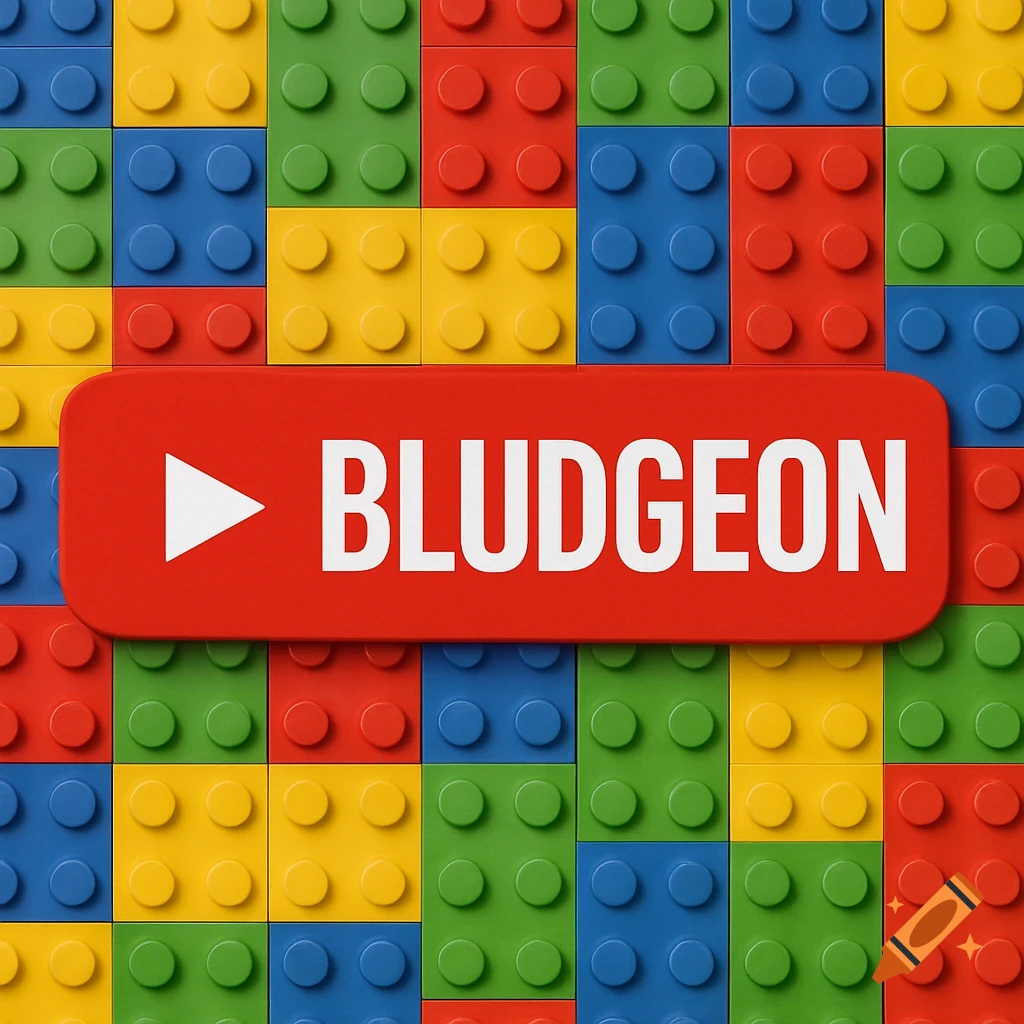 A red YouTube-style button with a white play icon and the word "BLUDGEON" sits on a background of colorful Lego bricks.