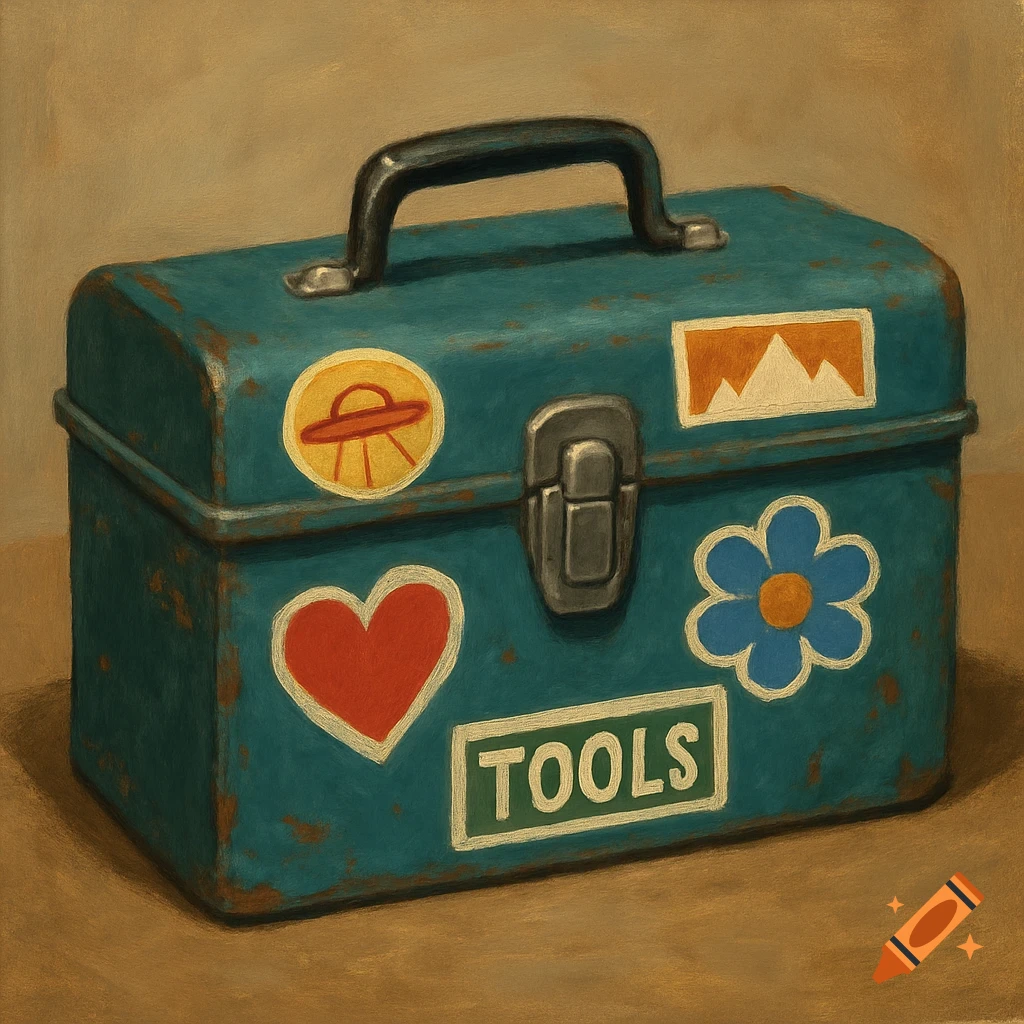 A teal, rustic toolbox covered with stickers including a UFO, mountains, a heart, a flower, and the word 'TOOLS', in a painted style.