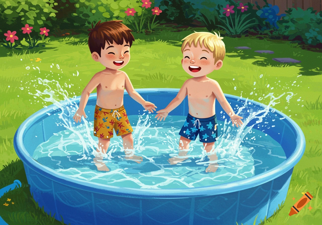 Two happy boys in swim shorts splashing and playing in a blue paddling pool on a sunny day.