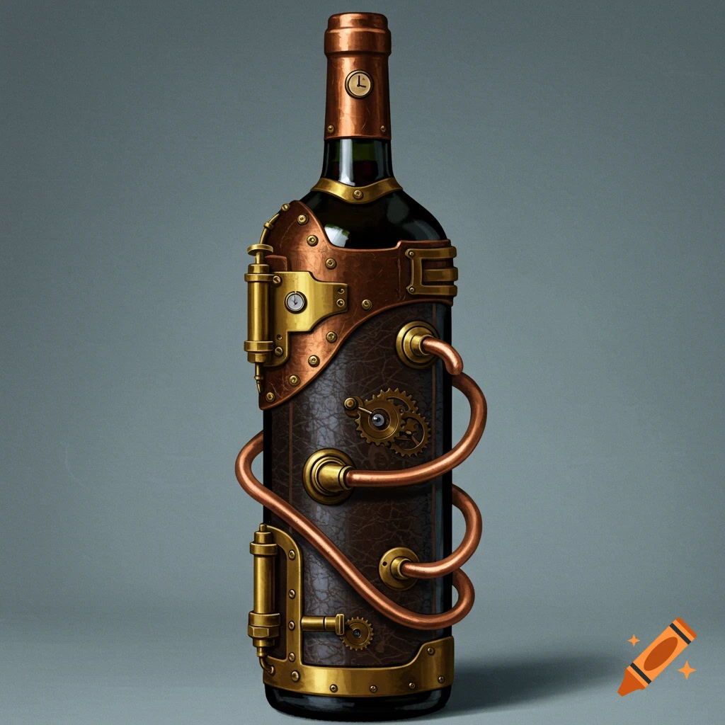 A wine bottle encased in elaborate steampunk brass and copper mechanisms, with leather textures.