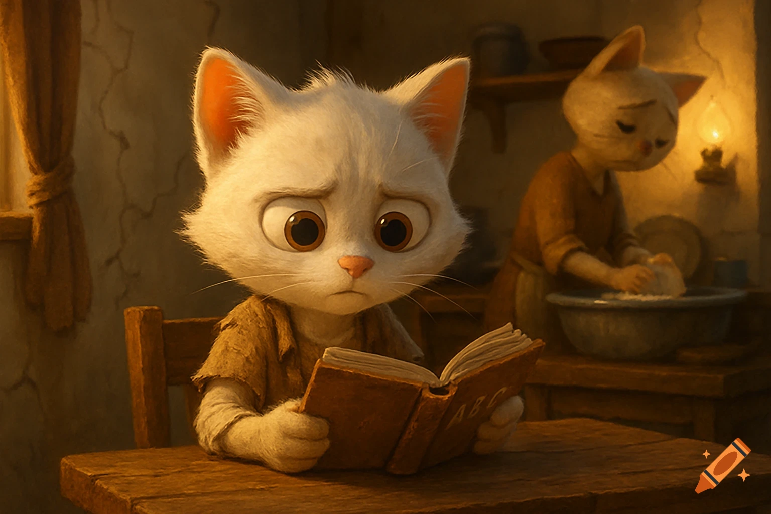 A sad white Pixar-style cat reads an 'ABC' book at a table, with another cat washing dishes in the warm, rustic background.