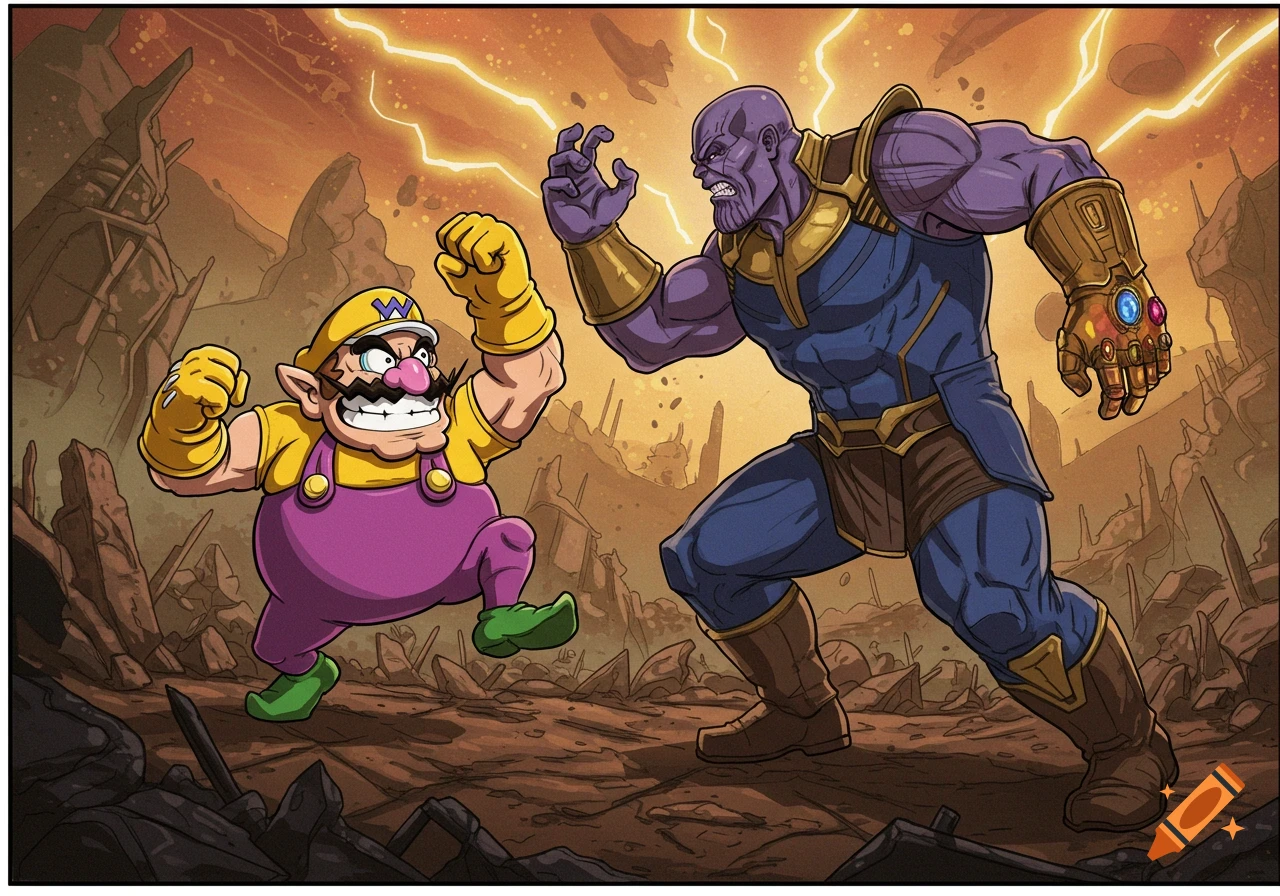 Wario and Thanos face off in an epic battle on a ruined planet with lightning in the background, comic book style.