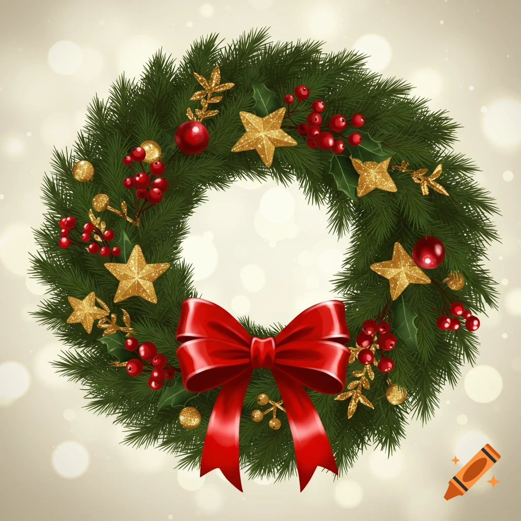A vibrant Christmas wreath featuring a large red bow, golden stars, and red berries, on an out-of-focus background.