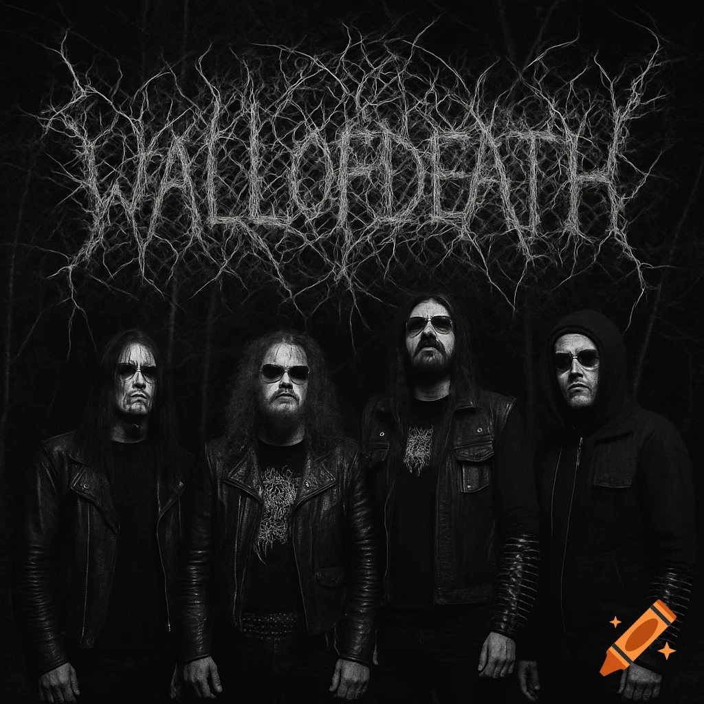A black and white photo of four long-haired black metal band members in sunglasses and leather jackets, with the band name 'WALLOFDEATH' stylized with branches above them.