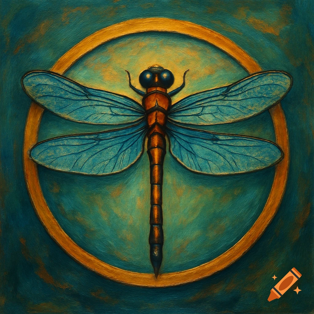 A stylized orange and blue dragonfly centered within a golden circle on a dark teal textured background, in a painted style.