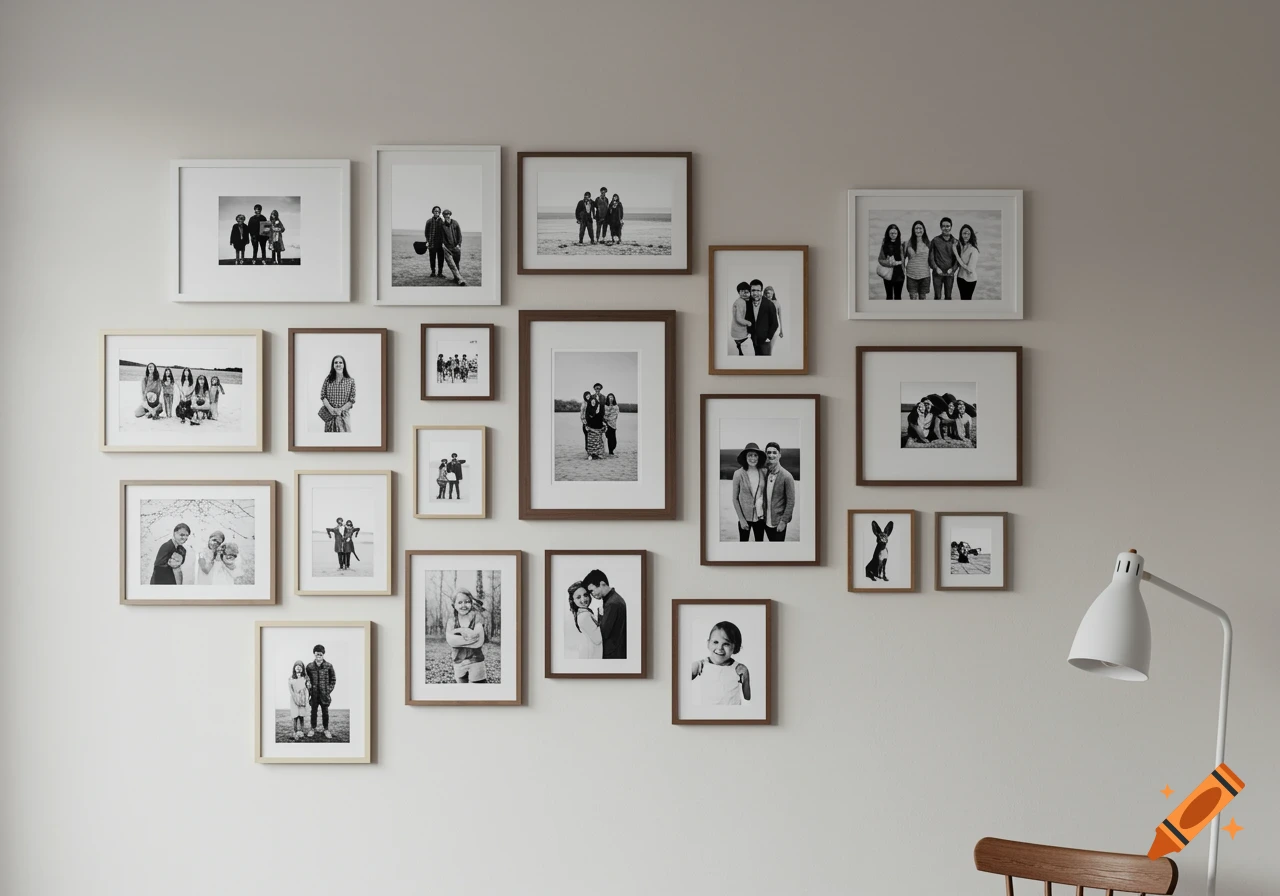 A gallery wall featuring a large assortment of black and white framed photos of families, couples, and children, with a white desk lamp and a wooden chair visible in the bottom right corner.