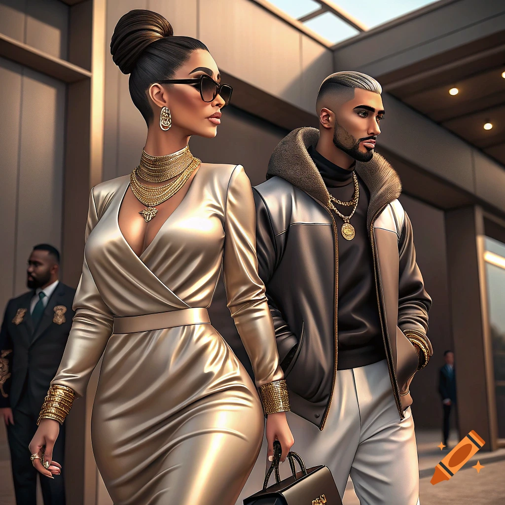 A stylish man and woman walk together; she wears a gold dress and sunglasses, he a leather jacket with a fur collar.