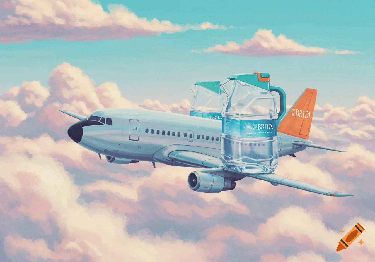 A white airplane with Brita jugs on its wings flies through pastel clouds in a blue sky.