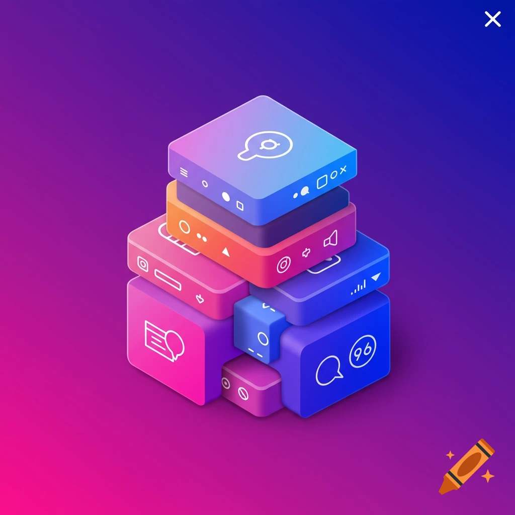 Colorful isometric blocks with white UI icons like search, chat, and settings, stacked on a purple-pink gradient.
