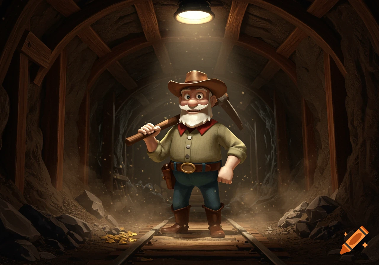 A cartoon miner with a white beard and cowboy hat holds a pickaxe over his shoulder in a dusty mine.