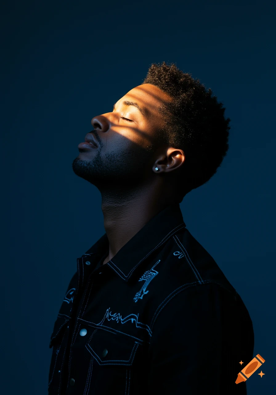 A moody, cinematic portrait of a man with closed eyes and striped light on his face, wearing a black jacket against a deep blue background.