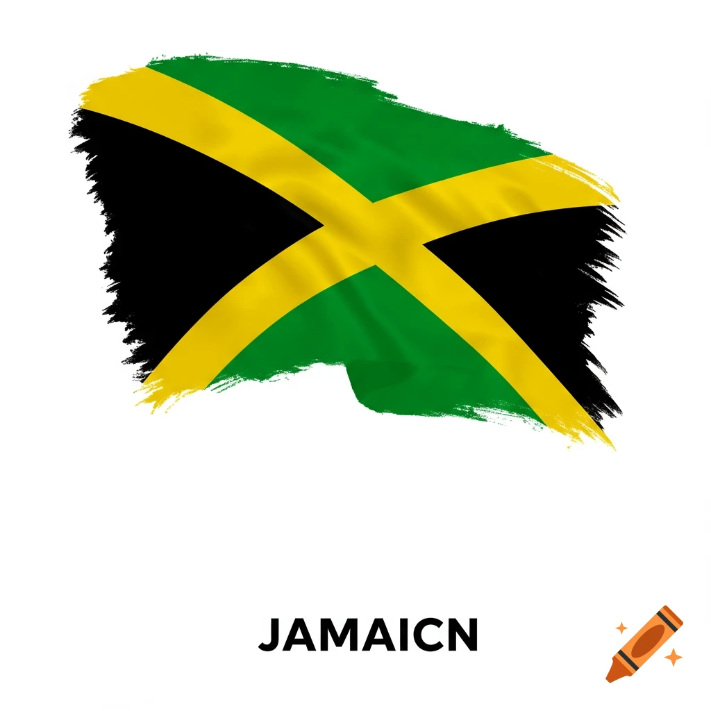 A vibrant Jamaican flag featuring a yellow diagonal cross on a green and black background, rendered in a brushstroke style. The word JAMAICN is displayed below it.
