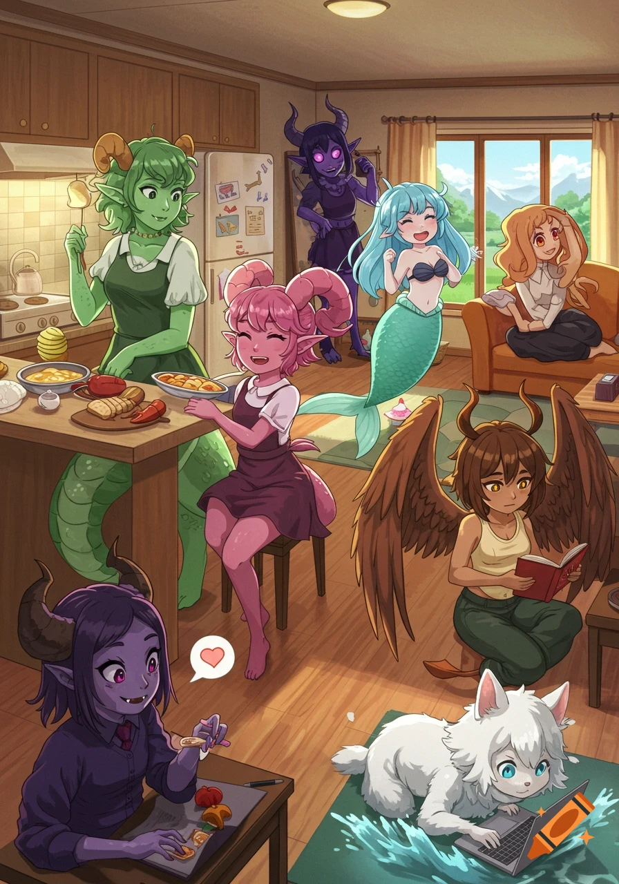 An anime-style illustration of a group of diverse monster girls in a cozy home, engaging in everyday activities like cooking, reading, and drawing.