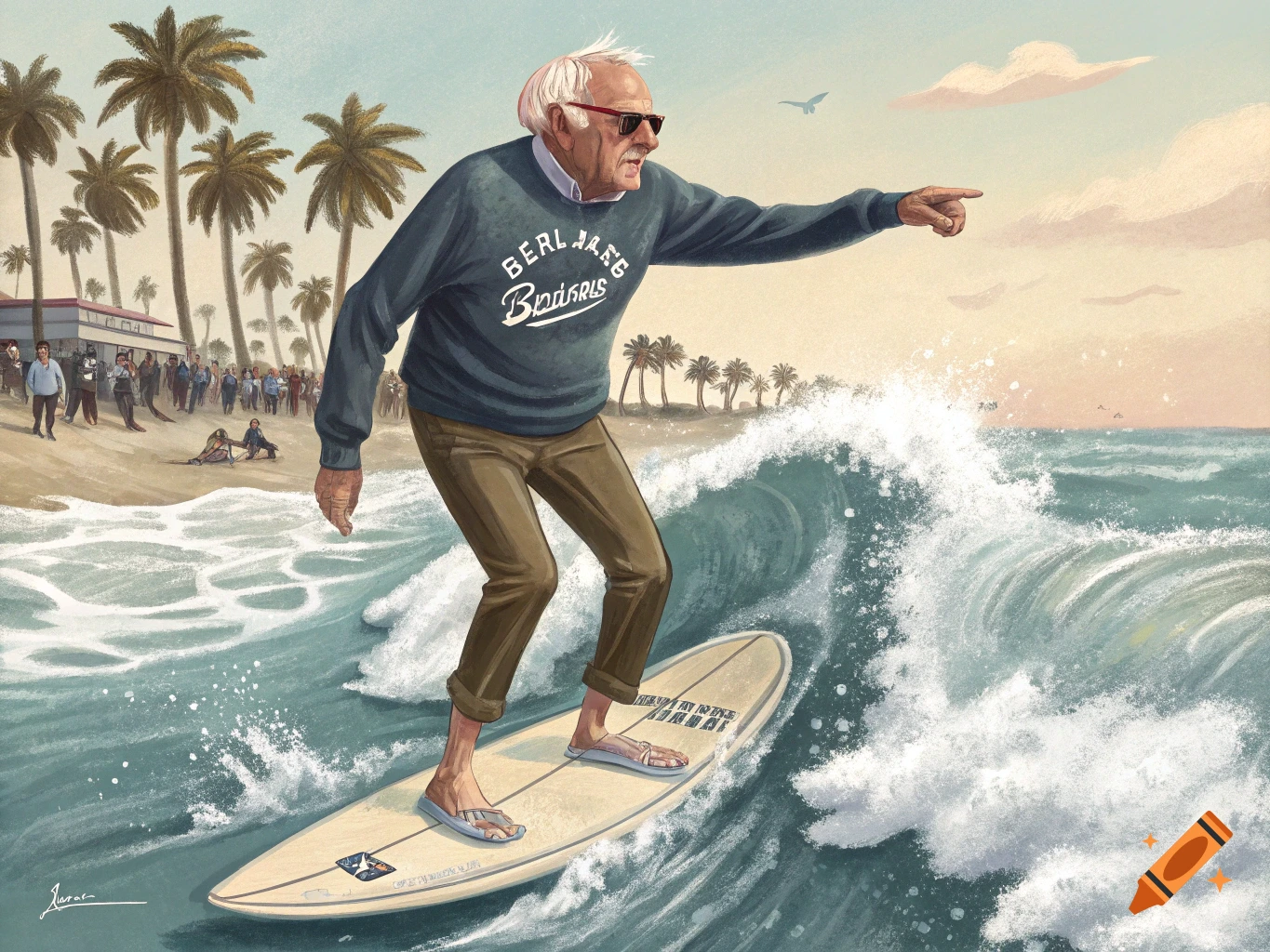 An illustration of Bernie Sanders, wearing sunglasses and a sweater, surfing a wave on a beach with palm trees and people in the background.