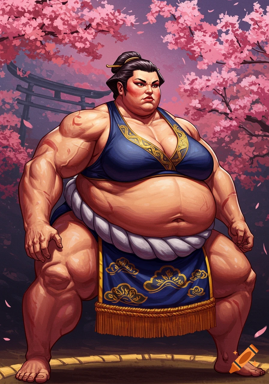 An imposing female sumo wrestler in a blue and gold uniform stands under a cherry blossom tree, digital art.