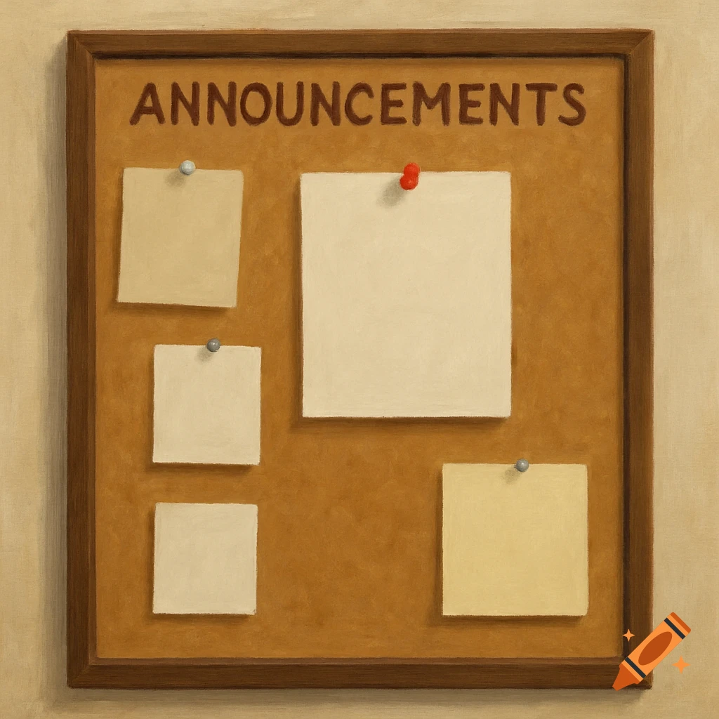A brown cork announcement board with the word "ANNOUNCEMENTS" at the top, featuring various blank papers held by pushpins.
