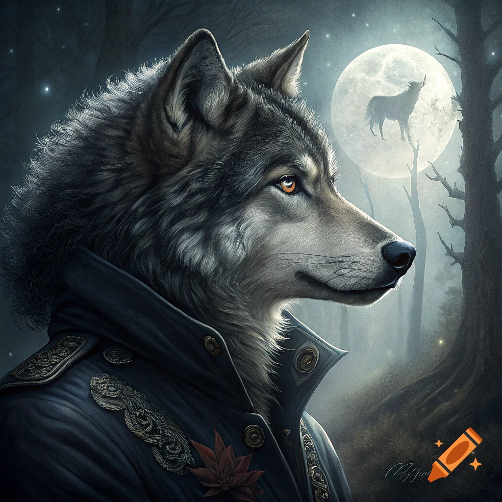 Detailed portrait of a majestic wolf in a dark coat, looking right, with a glowing full moon and silhouetted trees in the misty background.