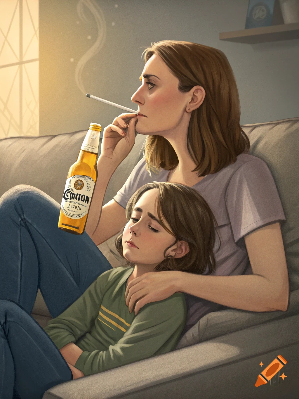 An illustrated image of a woman smoking a cigarette and holding a beer bottle, with a child sleeping on her lap on a couch.