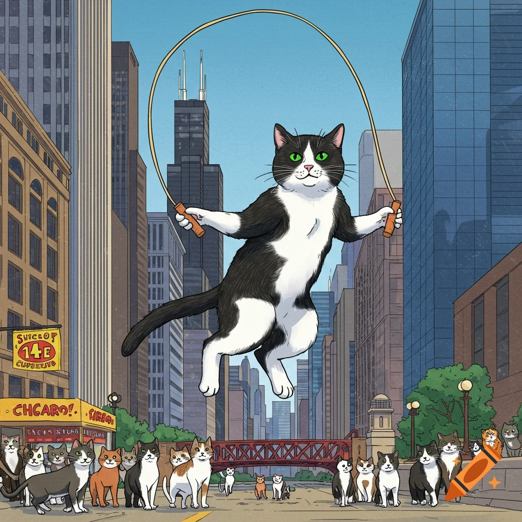 A giant tuxedo cat jumps rope in the middle of a busy city street, surrounded by smaller cats and tall buildings in an illustration.