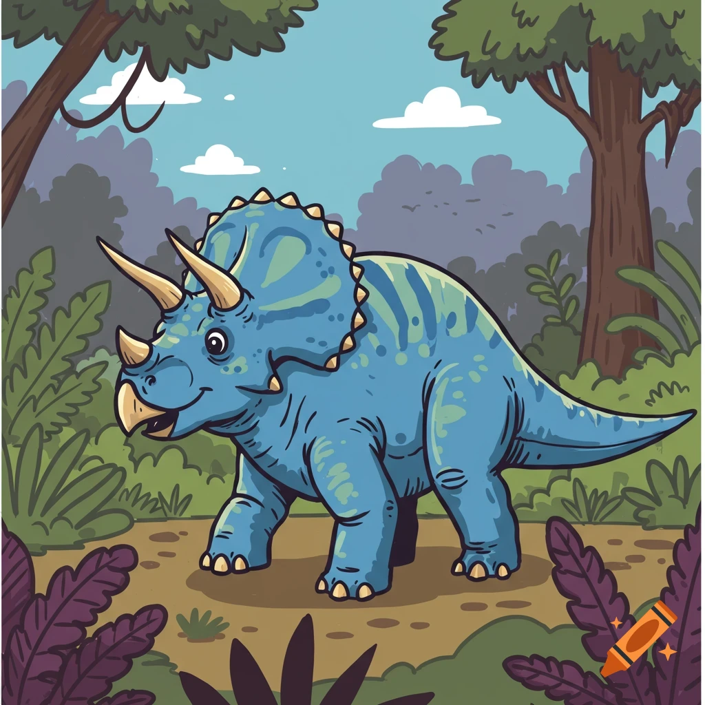 A blue cartoon triceratops with a yellow frill and horns stands in a green jungle landscape under a blue sky.