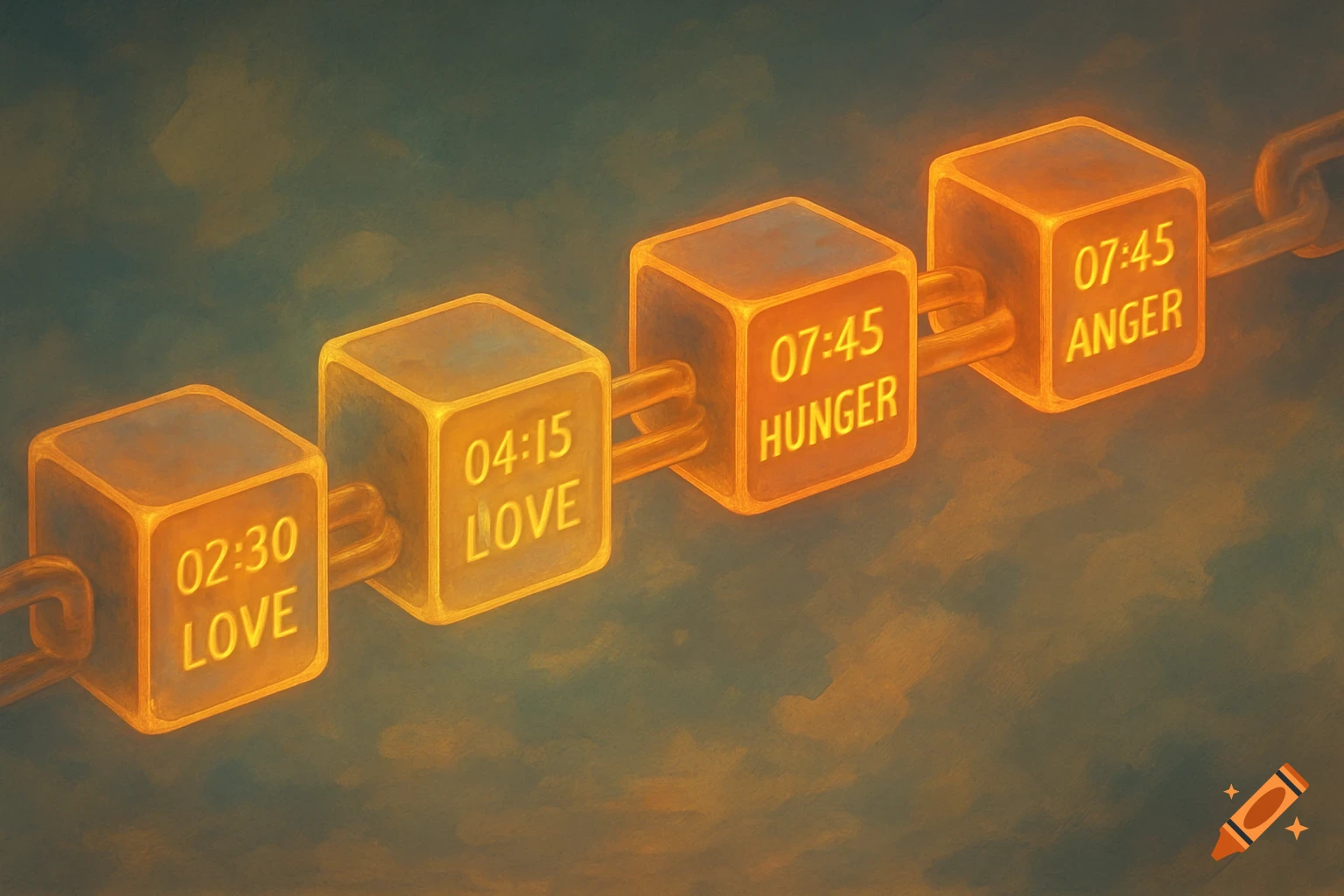 A chain of glowing, translucent blocks, each labeled with a time and an emotion like 'LOVE', 'HUNGER', and 'ANGER', against a dark, abstract background.