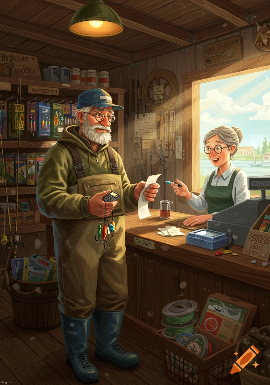 An illustration of an old fisherman checking out at a rustic fishing store with a female clerk.