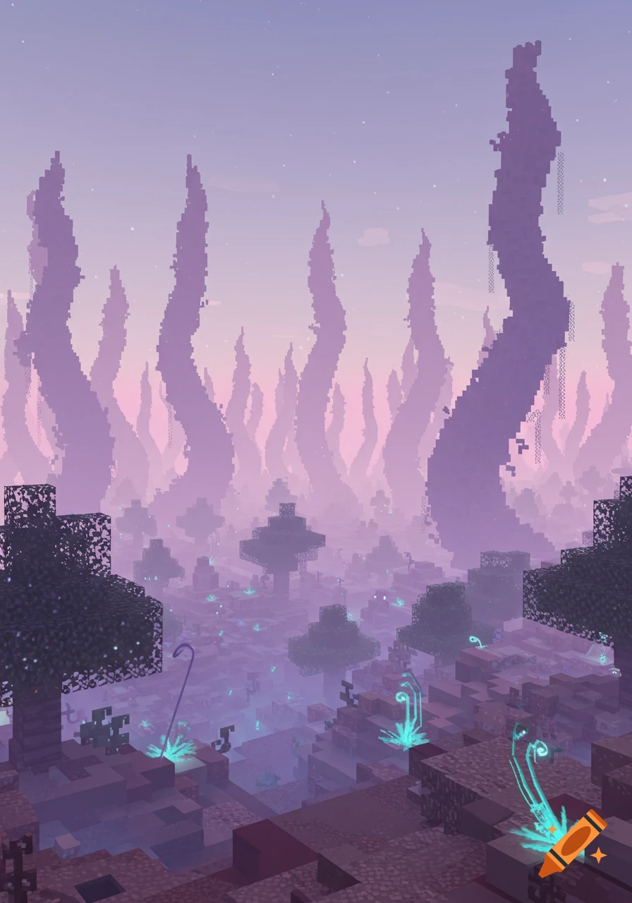 A mystical, pixelated landscape with towering, twisted purple spires and glowing blue plants under a gradient pink and purple sky.