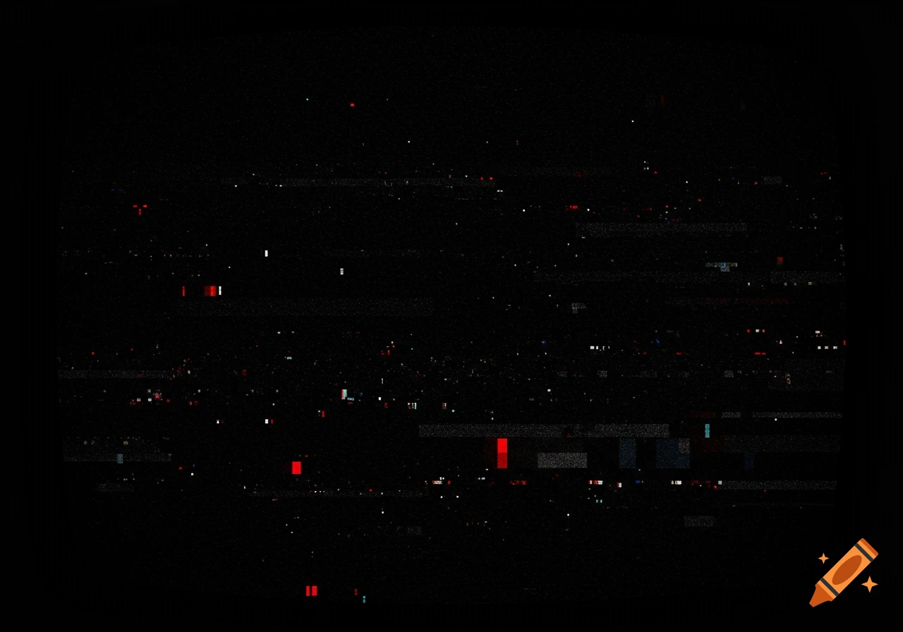 Digital static on a black background with scattered red, white, and blue pixels and horizontal noise lines.