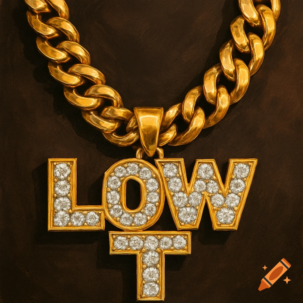 Close-up of a thick gold chain with a diamond-studded pendant spelling 'LOW T' on a dark background.