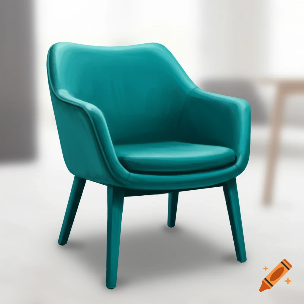 A modern teal armchair with wooden legs sits in a brightly lit room with a blurred background.