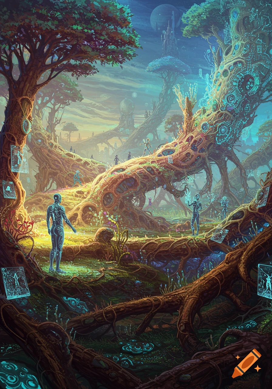 A vibrant digital painting of a mystical forest with ancient, gnarled ...