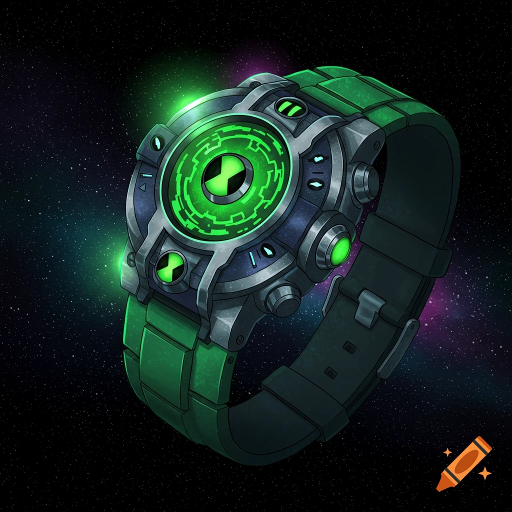 A vibrant illustration of the Omnitrix, a green, gray, and black watch-like device with a glowing green symbol, set against a dark starry space background.