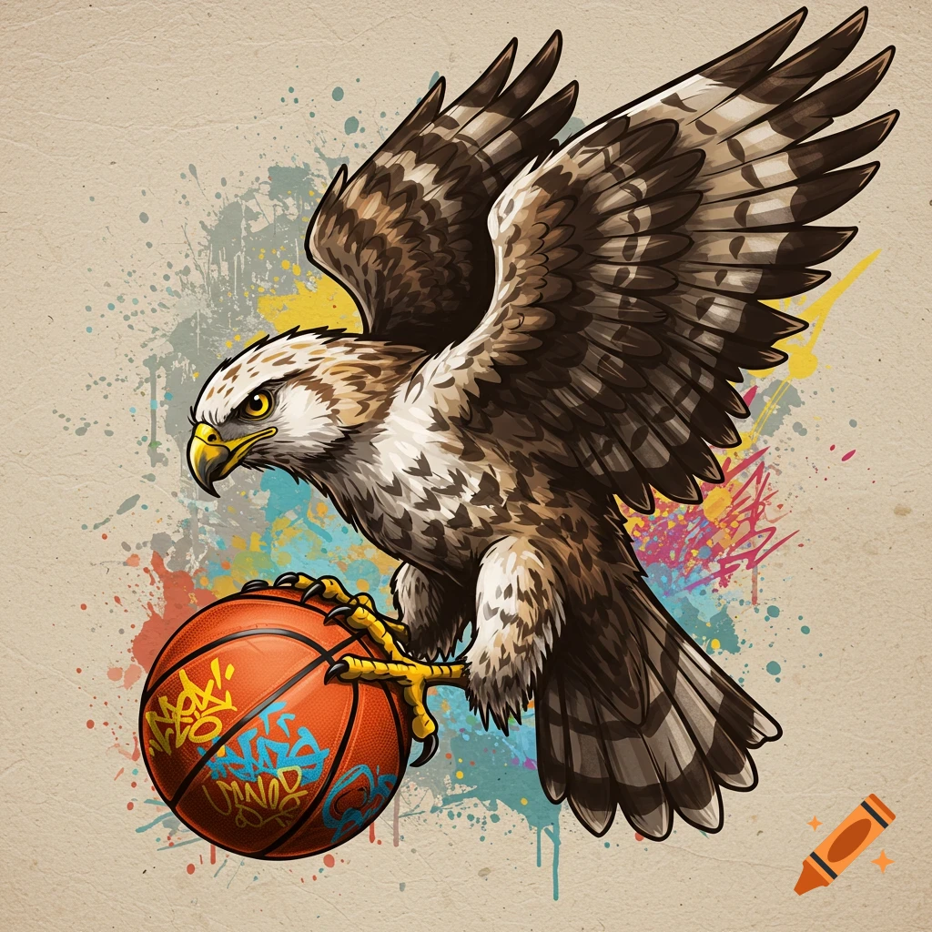 An illustrative hawk with spread wings clutching a basketball with colorful graffiti, set against a background with paint splatters.