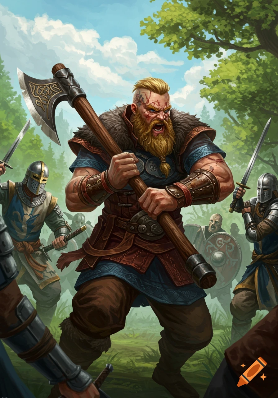 A fierce Viking warrior with a large axe battles armored knights in a lush, green forest, depicted in a detailed fantasy art style.