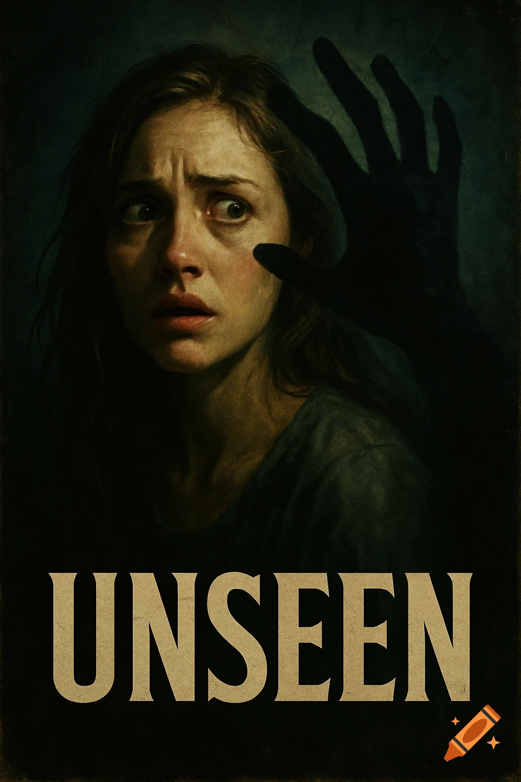 A horror movie poster featuring a terrified woman's face with wide eyes and a large, dark shadowy hand reaching towards her, with the title "UNSEEN" below.