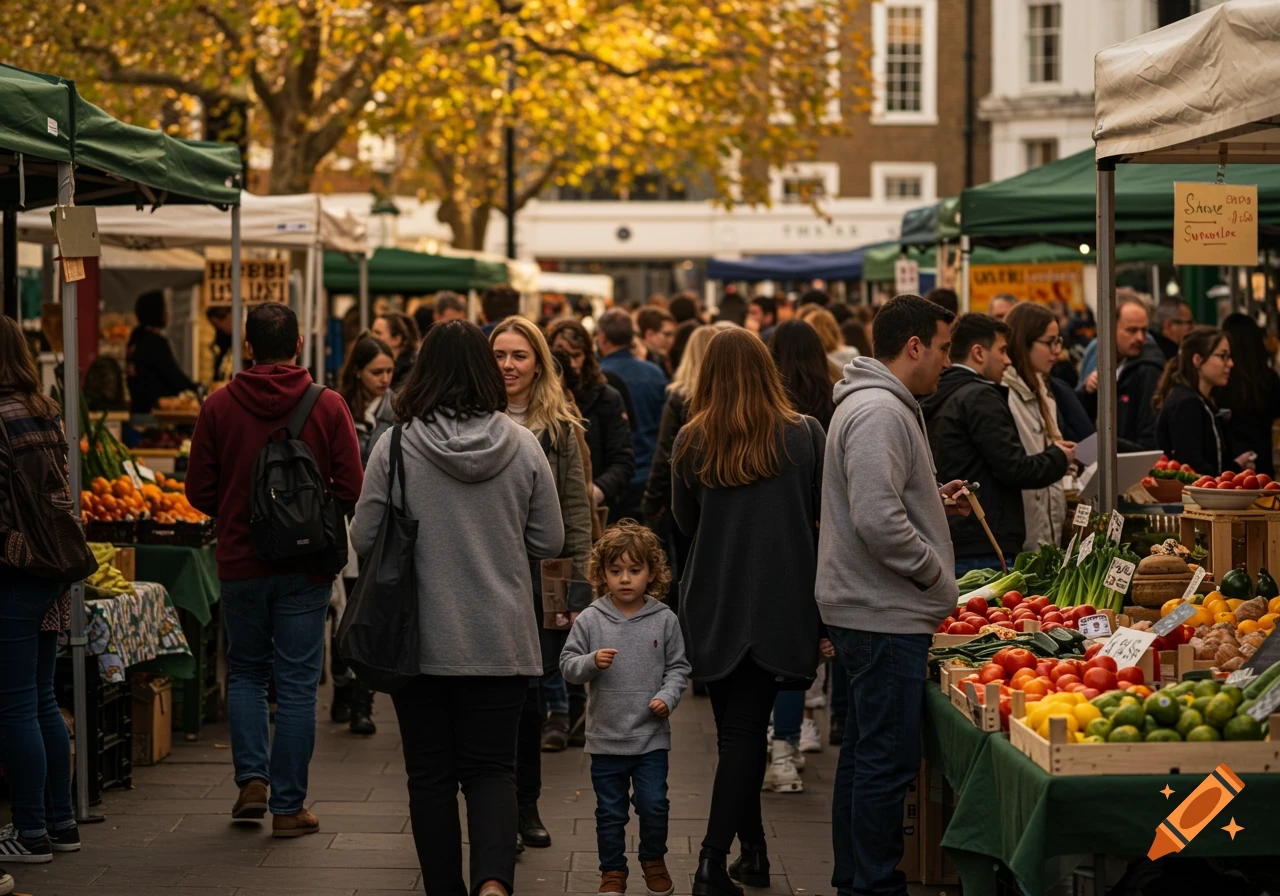 Candid photo of a bustling outdoor market with people browsing stalls filled with fruits and vegetables under autumn trees.