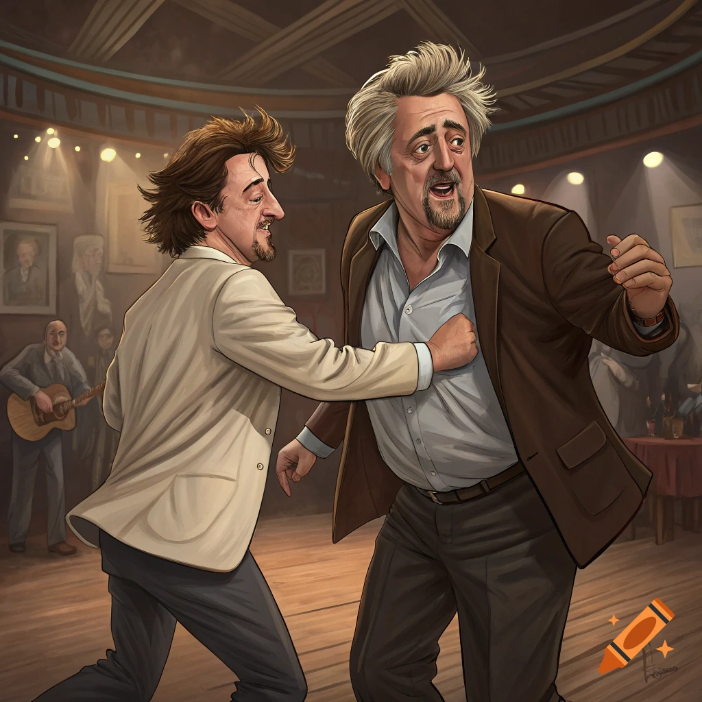 Cartoon illustration of two men, one with spiky hair, playfully punching the other man with gray hair, both dancing in a lively indoor setting.
