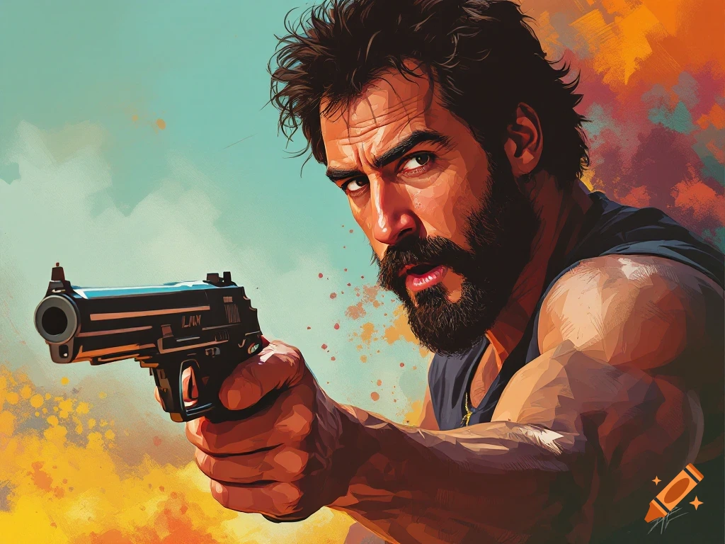 A stylized illustration of a rugged man with a beard, holding a handgun, against a colorful, painterly background.
