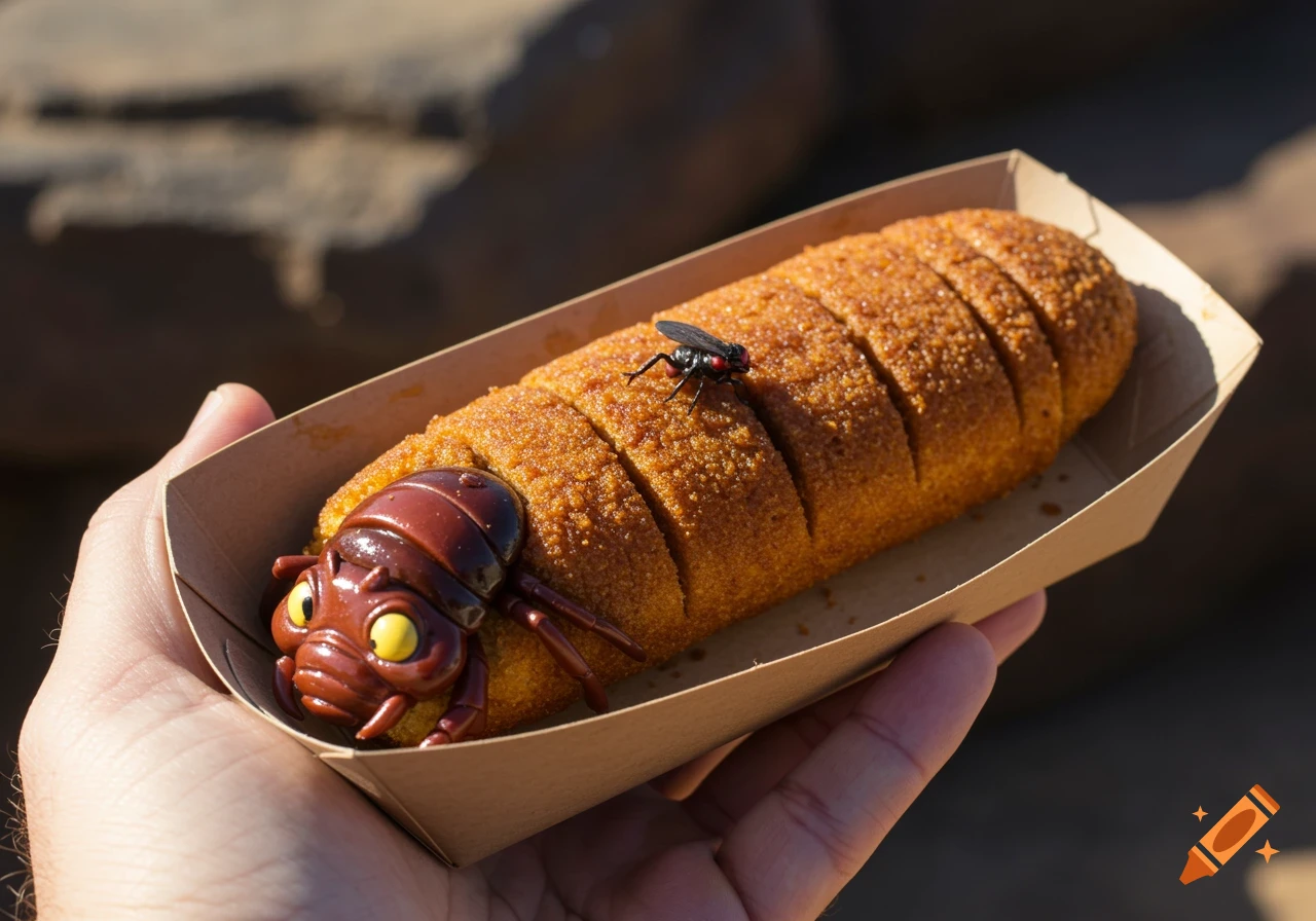 A hand holds a corn dog-like snack in a paper tray, decorated with a large cartoonish brown bug and a small black fly. Photorealistic.